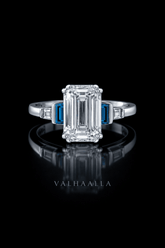 3 Ct Emerald Cut Diamond Ring with Teal Sapphire in Gold