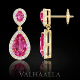 2.40 Ct Oval & Pear Pink Sapphire Halo Drop Earrings Moissanite In Gold