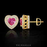 3.78 Ct Pink Sapphire Double Halo Heart Stud Earrings with Moissanite In Gold