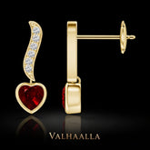 2.06 Ct Heart Shaped Ruby Swirl Drop Earrings with Moissanite In Gold
