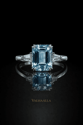 3.00 Ct Emerald Cut Blue Diamond Ring Solid In Gold Baguette Accents