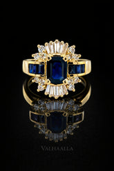 3.00 ct Vintage Emerald Cut Blue Sapphire Diamond Halo Ring with Baguette Cluster Solid In Gold