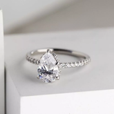 Solid 14K White Gold Moissanite Hidden Halo Engagement Ring VVS1 Pear Cut 2 CT