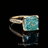 2.35Ct Cushion Cut Cyan Green Moissanite Gold Engagement Ring