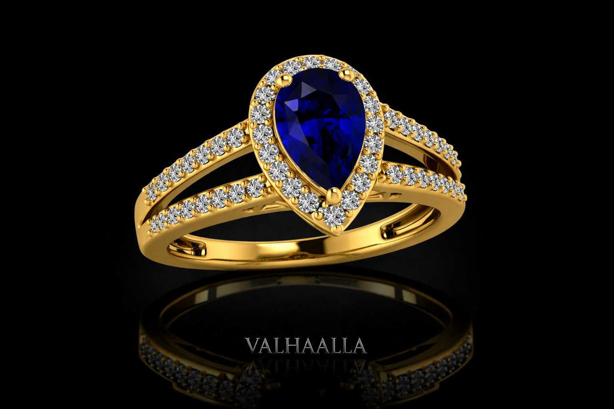 1.41Ct Pear Created Blue Sapphire & Moissanite Diamond Halo Engagement Ring White Yellow Rose Gold