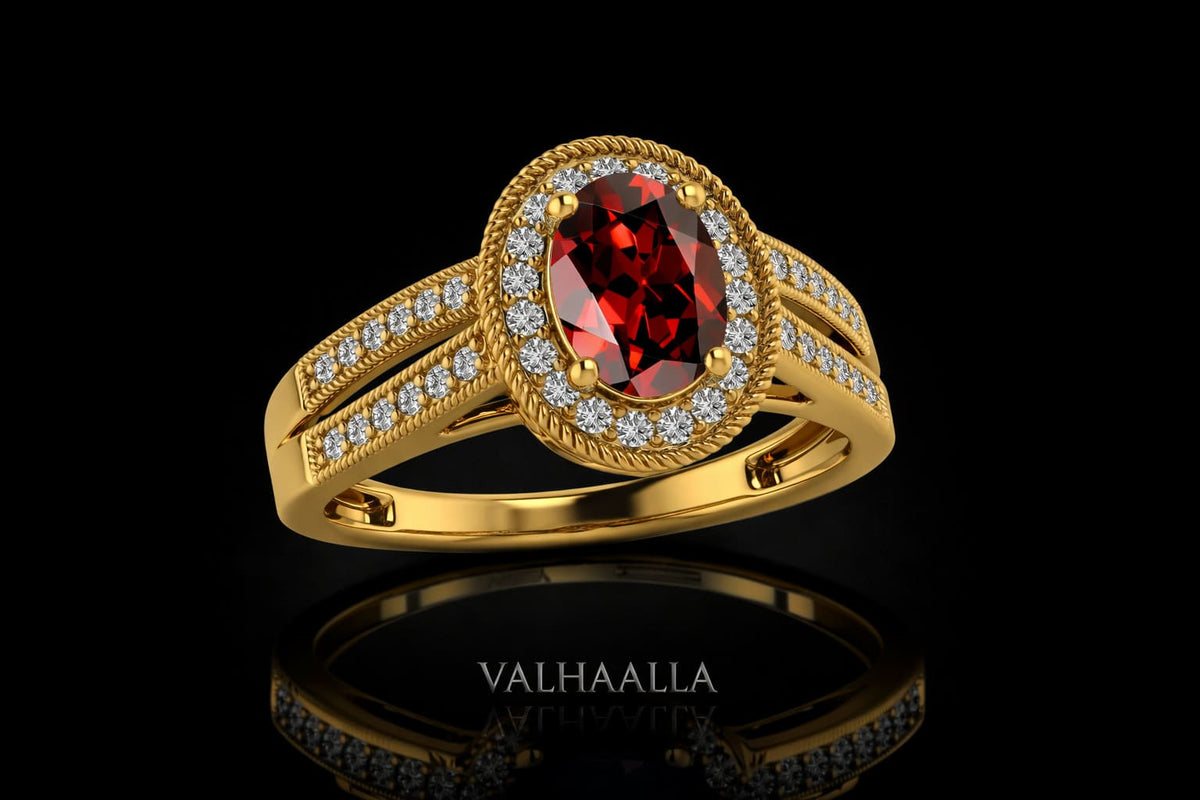 1.22Ct Lab Created Garnet Halo Engagement Ring with Moissanite In Gold