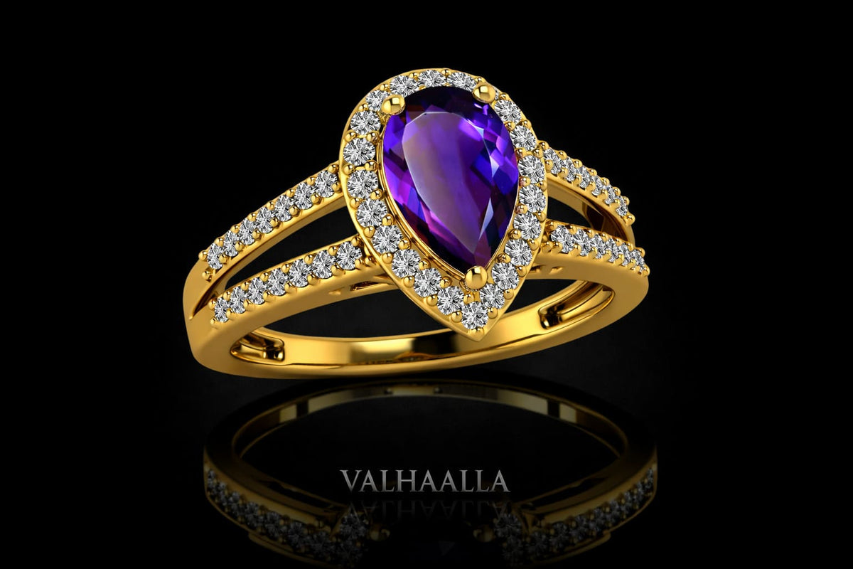 1.41Ct Pear Lab Amethyst Moissanite Halo Engagement Ring Gold