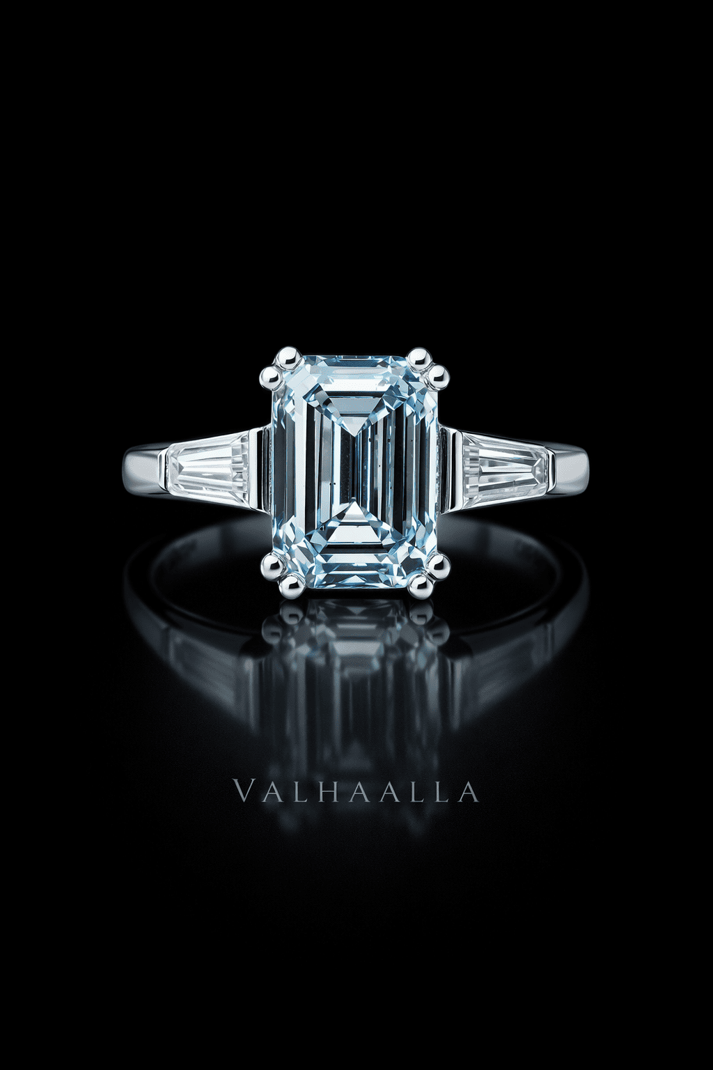 Emerald Cut Vivid Blue Diamond Engagement Ring, Prong Set Ring with Trapezoid Side Diamonds, Solid Gold Luxury Statement Ring, Elegant Blue Diamond Bridal Ring