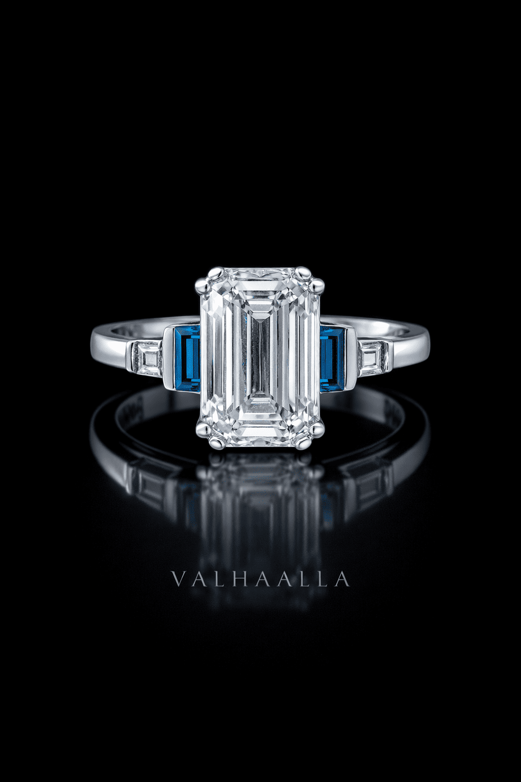 3 Ct Emerald Cut Diamond Ring with Teal Sapphire in Gold