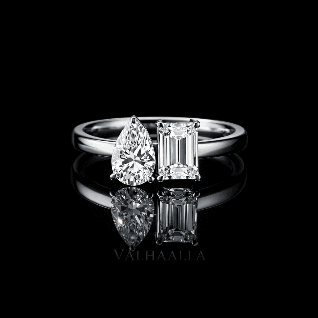 3 Ct Emerald & Pear Cut Two Stone Diamond Engagement Ring