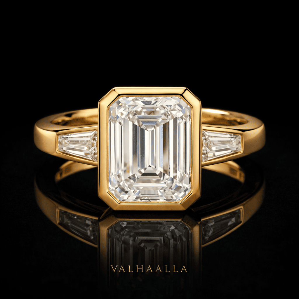 2 Ct Emerald Cut Diamond Ring, Bezel Set Baguette in Gold