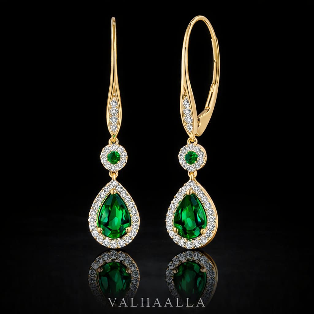 2.70 CT Round & Pear Emerald Moissanite Halo Leverback Earrings in Gold