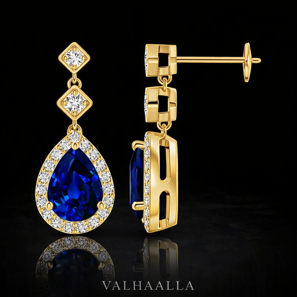 2.30 Ct Pear Blue Sapphire Halo Drop Earrings with Moissanite In Gold