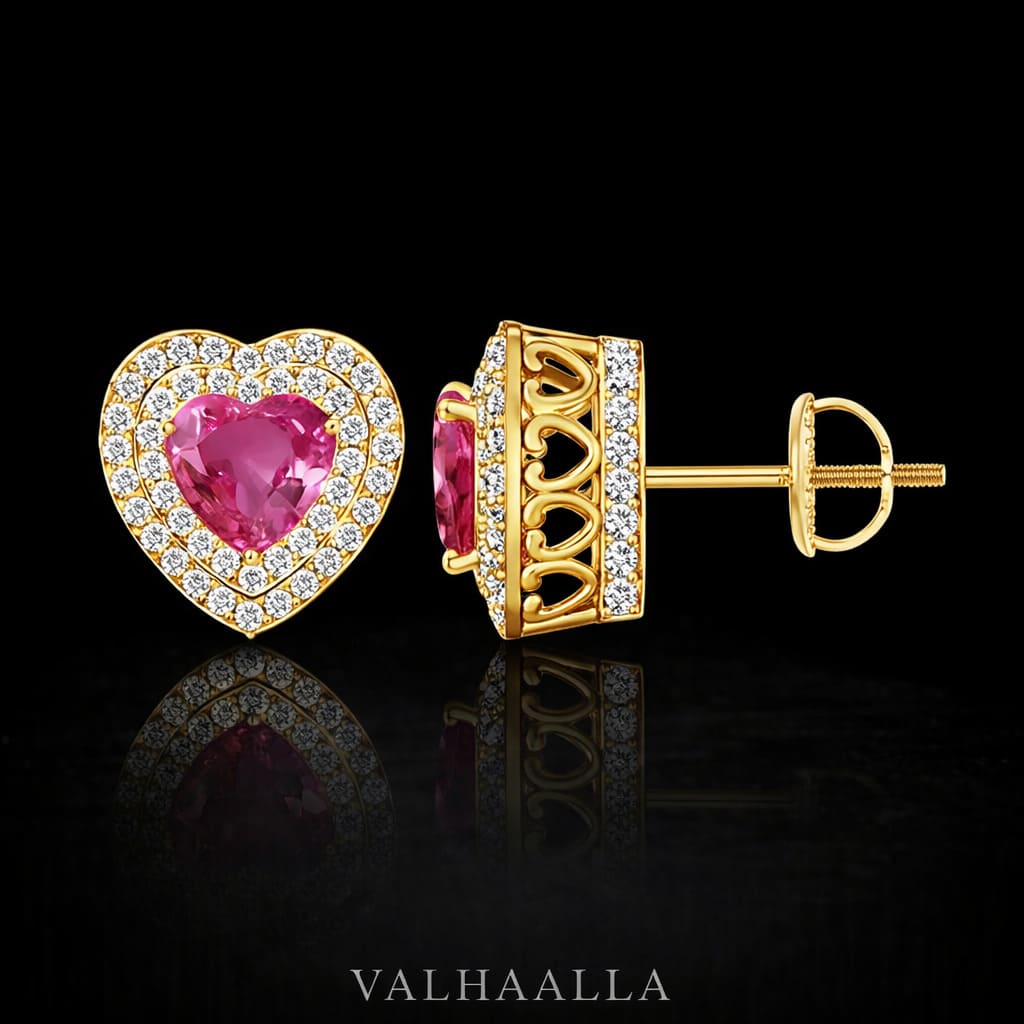 3.78 Ct Pink Sapphire Double Halo Heart Stud Earrings with Moissanite In Gold