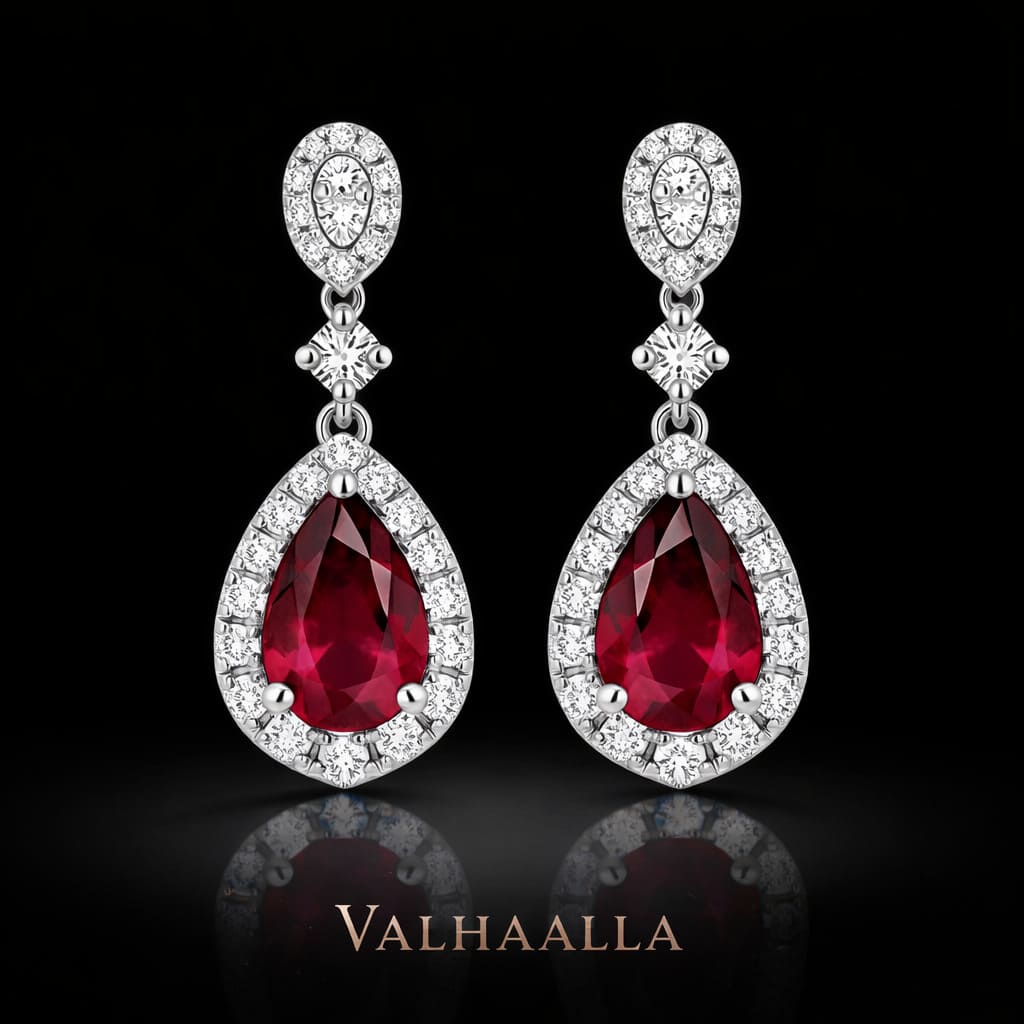 3.21 Ct Ruby Teardrop Halo Drop Earrings With Moissanite Diamonds in Gold