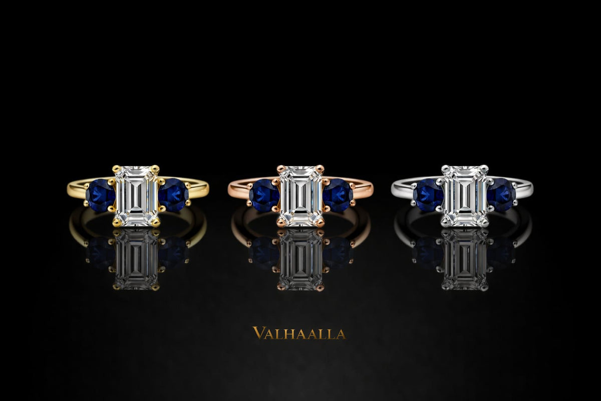 2.80 Ct Emerald Cut Diamond  Blue Sapphire Engagement Ring Solid In Gold