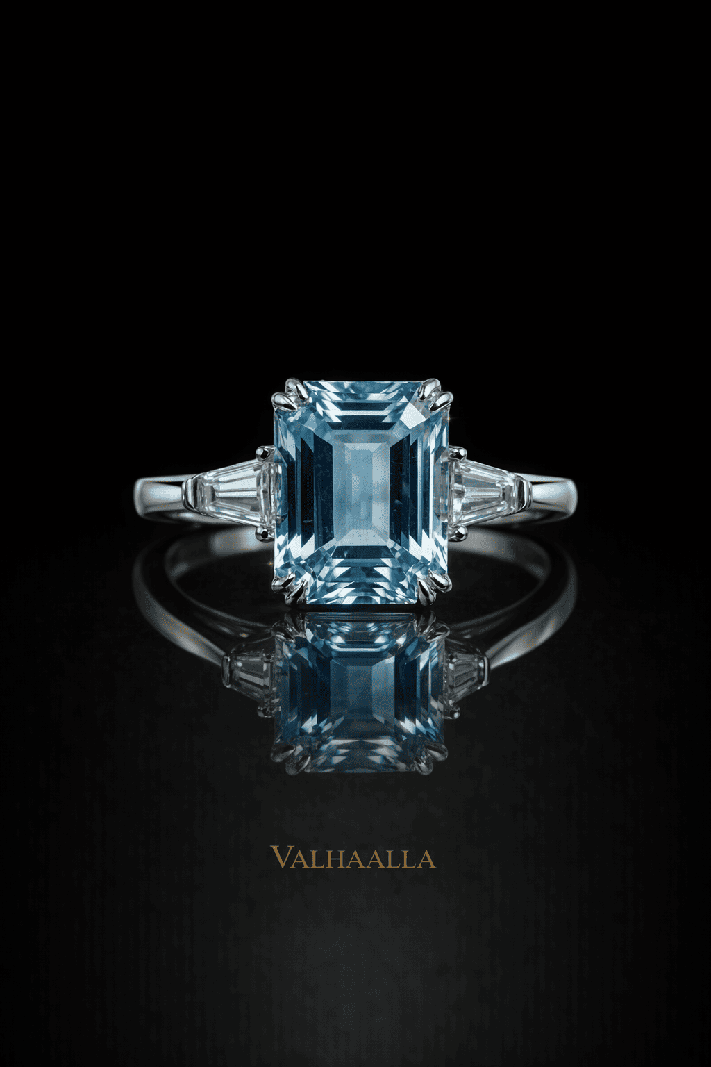 3.00 Ct Emerald Cut Blue Diamond Ring Solid In Gold Baguette Accents