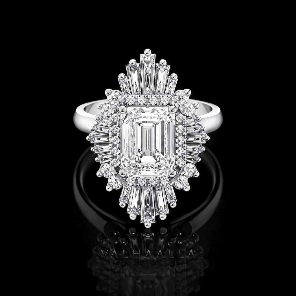 3 Ct Emerald Cut Diamond Art Deco Halo Engagement Ring Solid Gold