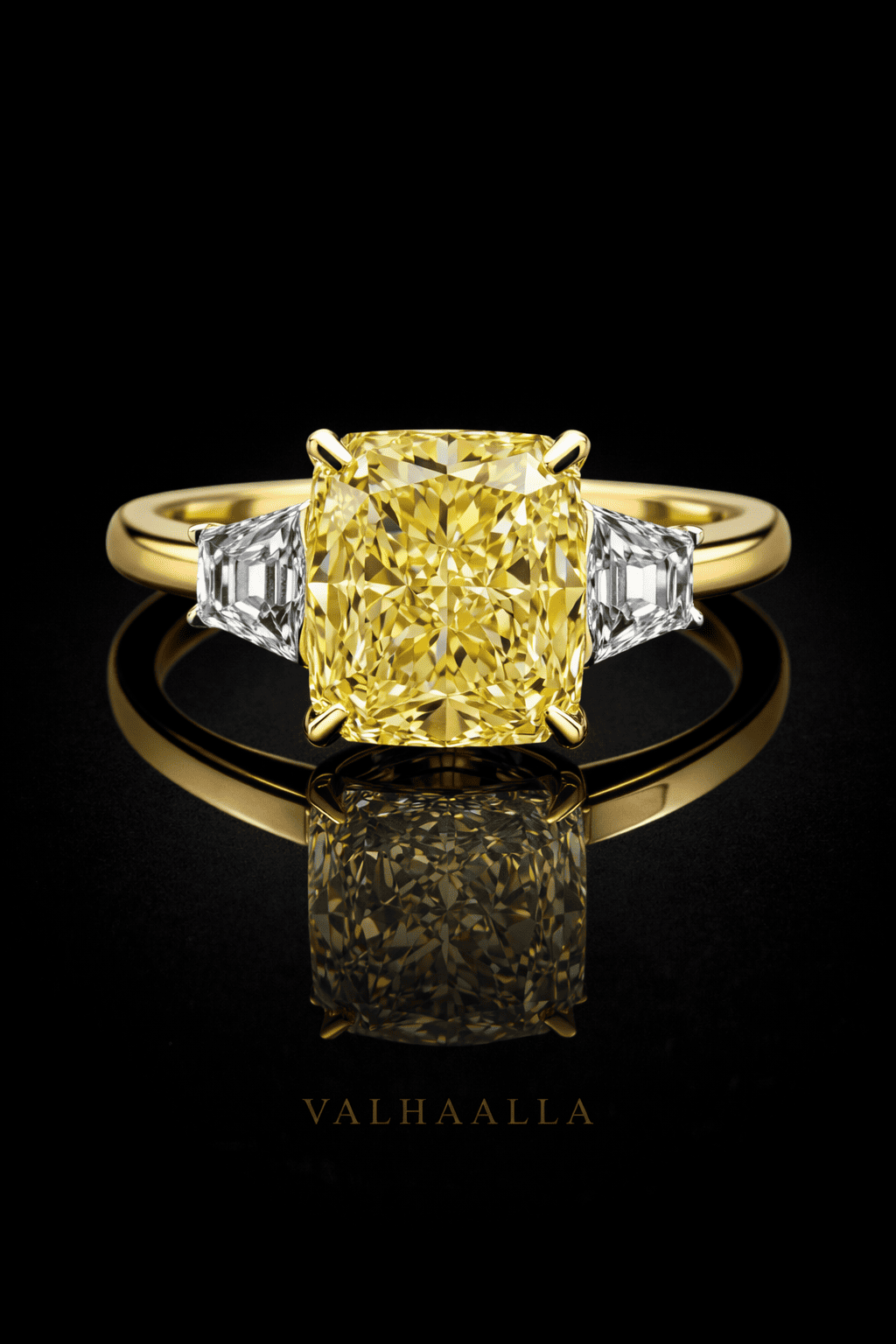 2 CT Vivid Yellow Radiant Cut Diamond Ring with Trapezoid Side Stones