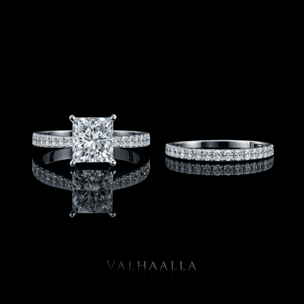 Moissanite Bridal Set Engagement Ring Solid 14K White Gold 3 Carat Princess Cut