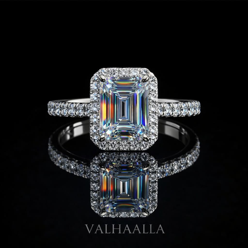 3Ct Emerald Cut Moissanite Halo Engagement Ring Solid 14K Gold