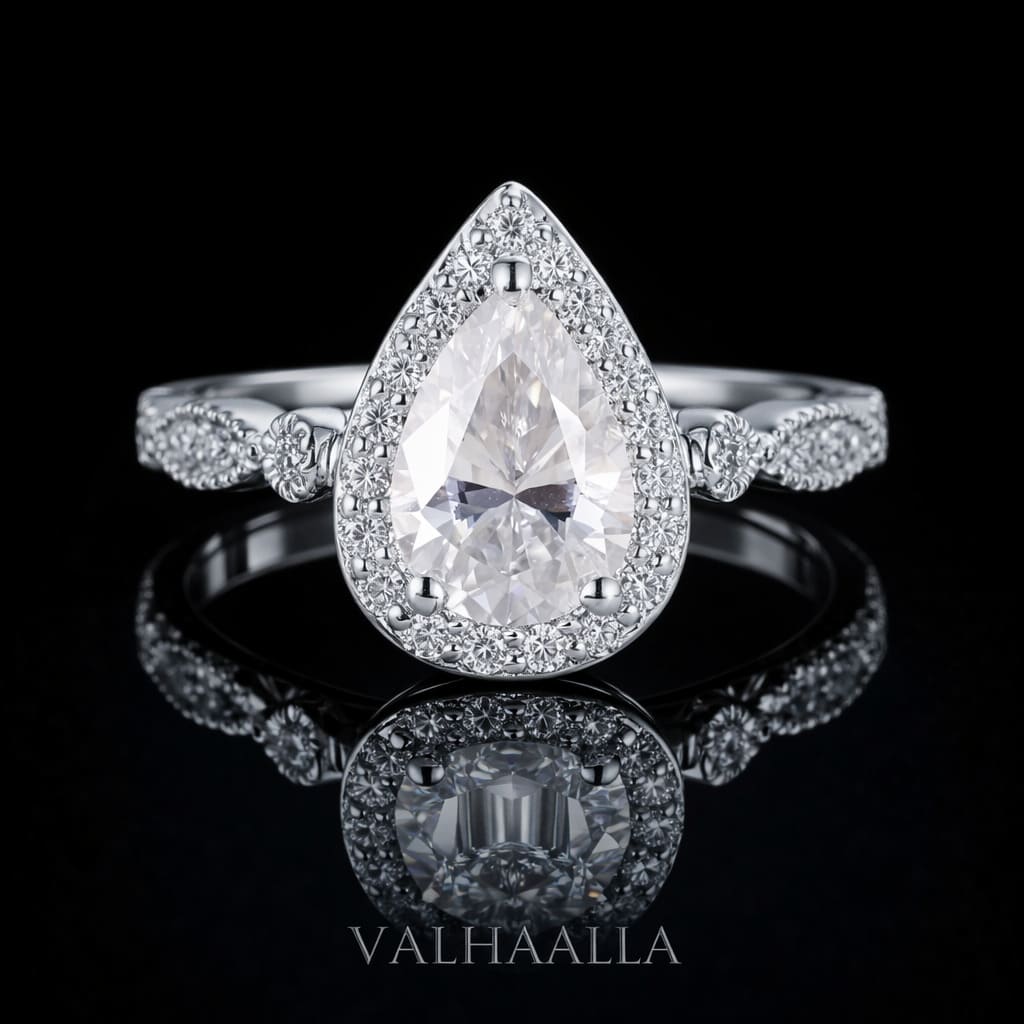 2Ct Pear Cut Moissanite Halo Engagement Ring Solid In Gold Ring