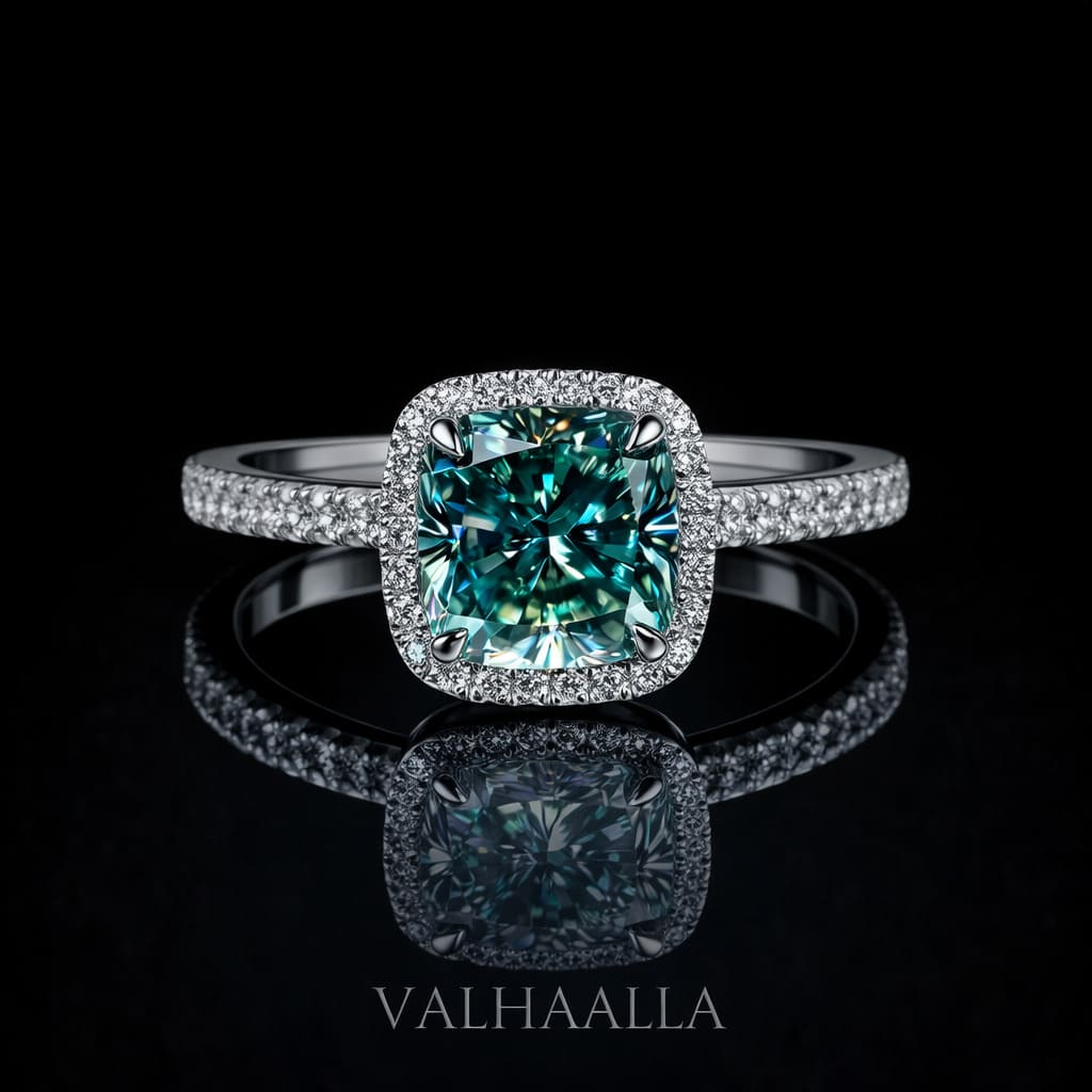 4.85Ct Green Cushion Cut Moissanite Halo Engagement Ring Gold