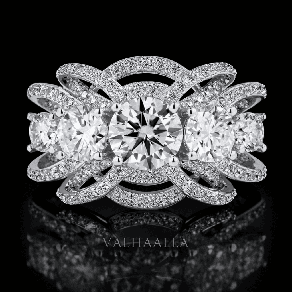 2.50 CT Round Cut Triple Stone Diamond Engagement Ring in Gold  Pavé Interwoven Band