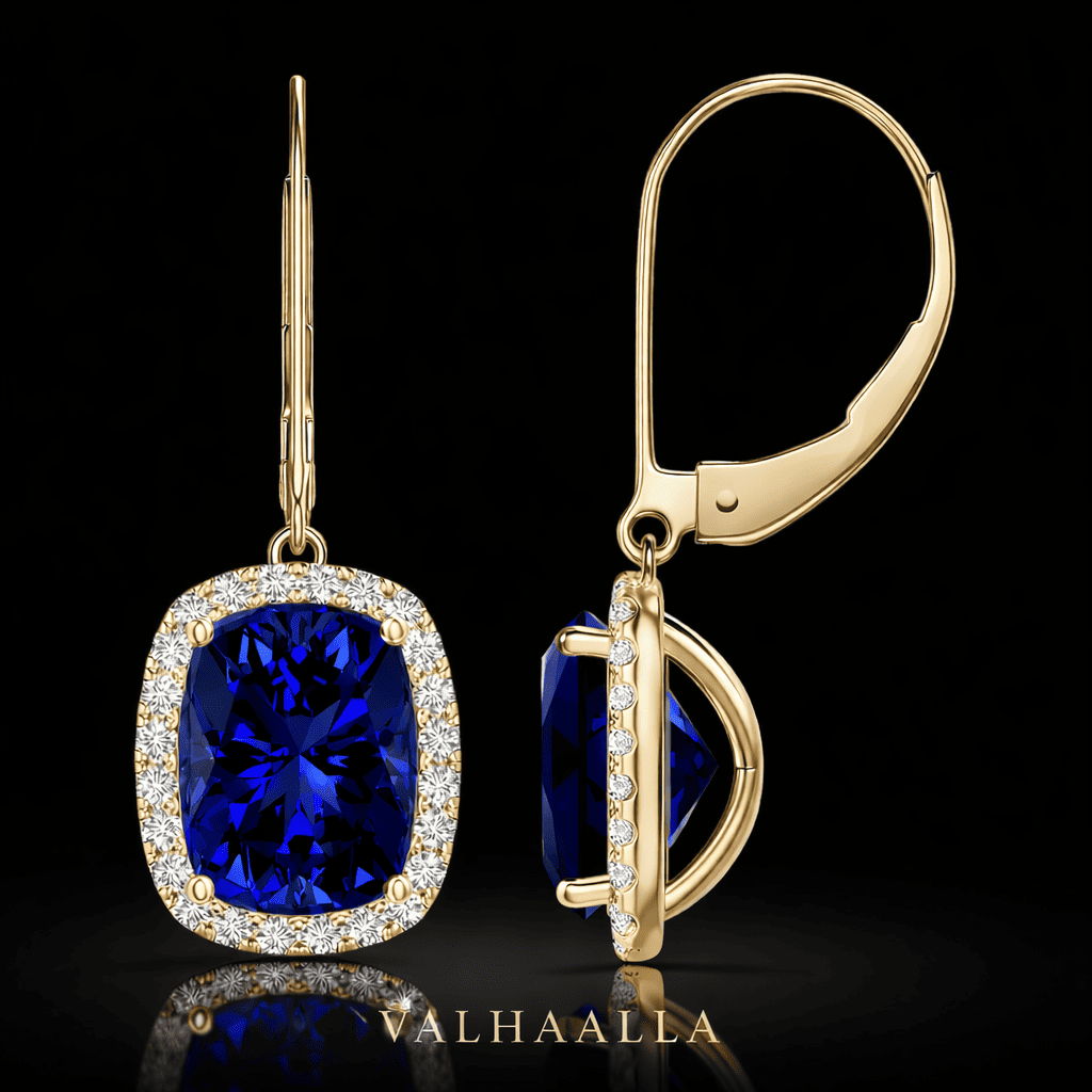 Lab Grown Cushion Blue Sapphire Halo Leverback Earrings with Moissanite In Gold