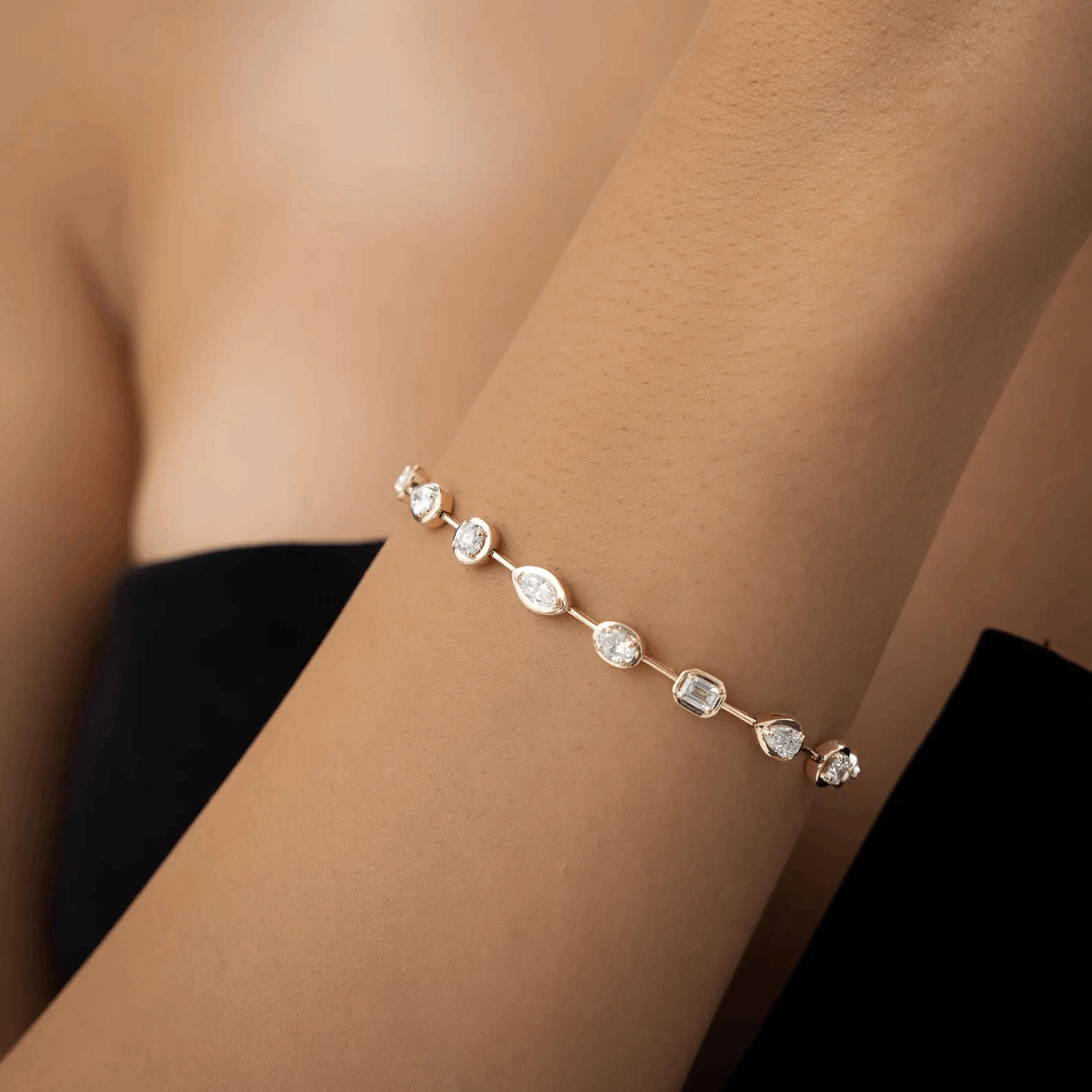 Tennis Bracelet Solid Gold Multi-Shaped Diamond Bracelet, Dainty Solitaire Diamond Bracelet, Layering Diamond Tennis Bracelet