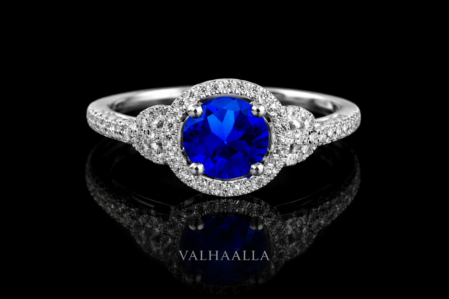 1.28Ct Blue Sapphire Lab Created Moissanite Halo Engagement Ring White Gold Yellow Gold Rose Gold