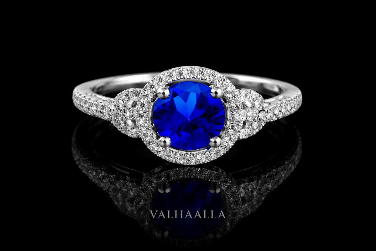 1.28Ct Blue Sapphire Lab Created Moissanite Halo Engagement Ring White Gold Yellow Gold Rose Gold