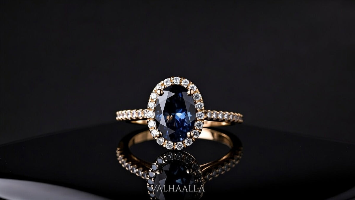 3 Ct Oval Blue Sapphire Moissanite Halo Ring in Solid Gold