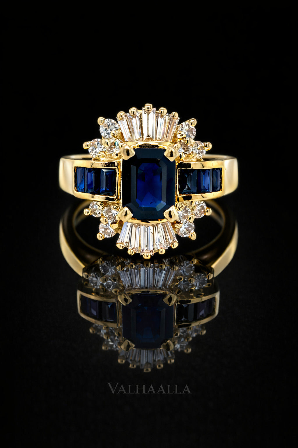 3.00 ct Vintage Emerald Cut Blue Sapphire Diamond Halo Ring with Baguette Cluster Solid In Gold