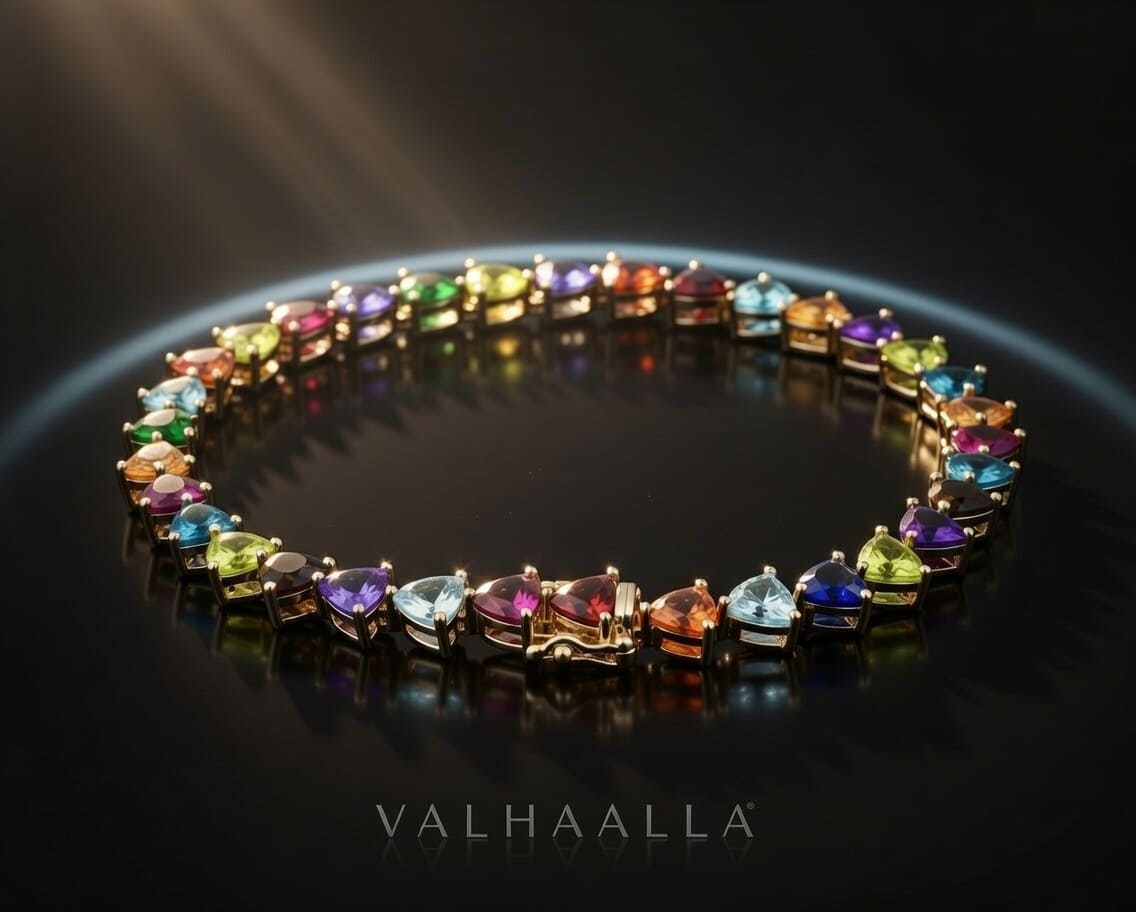 6 CT Rainbow Trillion Cut Gemstone Tennis Bracelet in Solid Gold