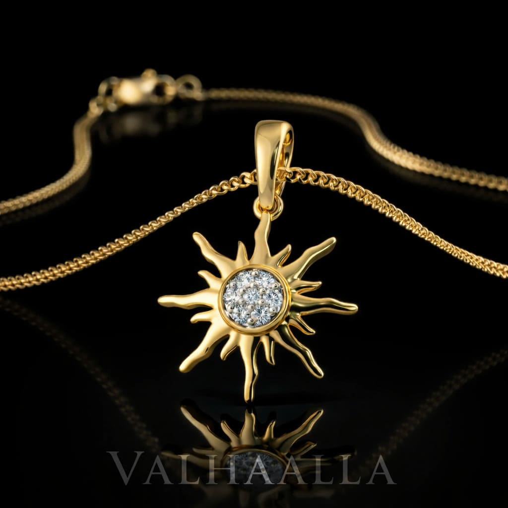 0.218 CT Astarte Radiant Sunburst Goddess Pendant Solid Gold