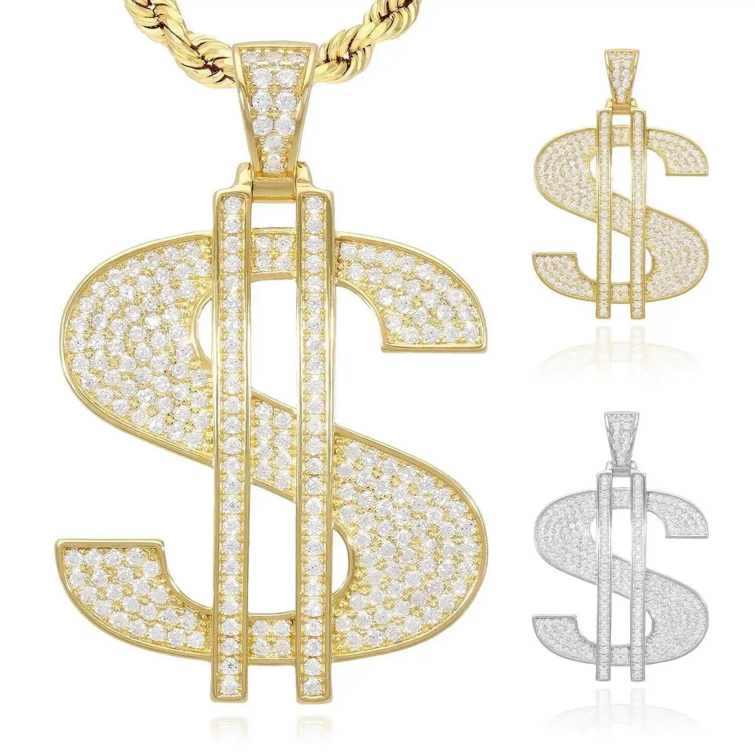 Iced Out Dollar Sign Name Pendant Moissanite Diamond Hip Hop Necklace in White Yellow Rose Gold