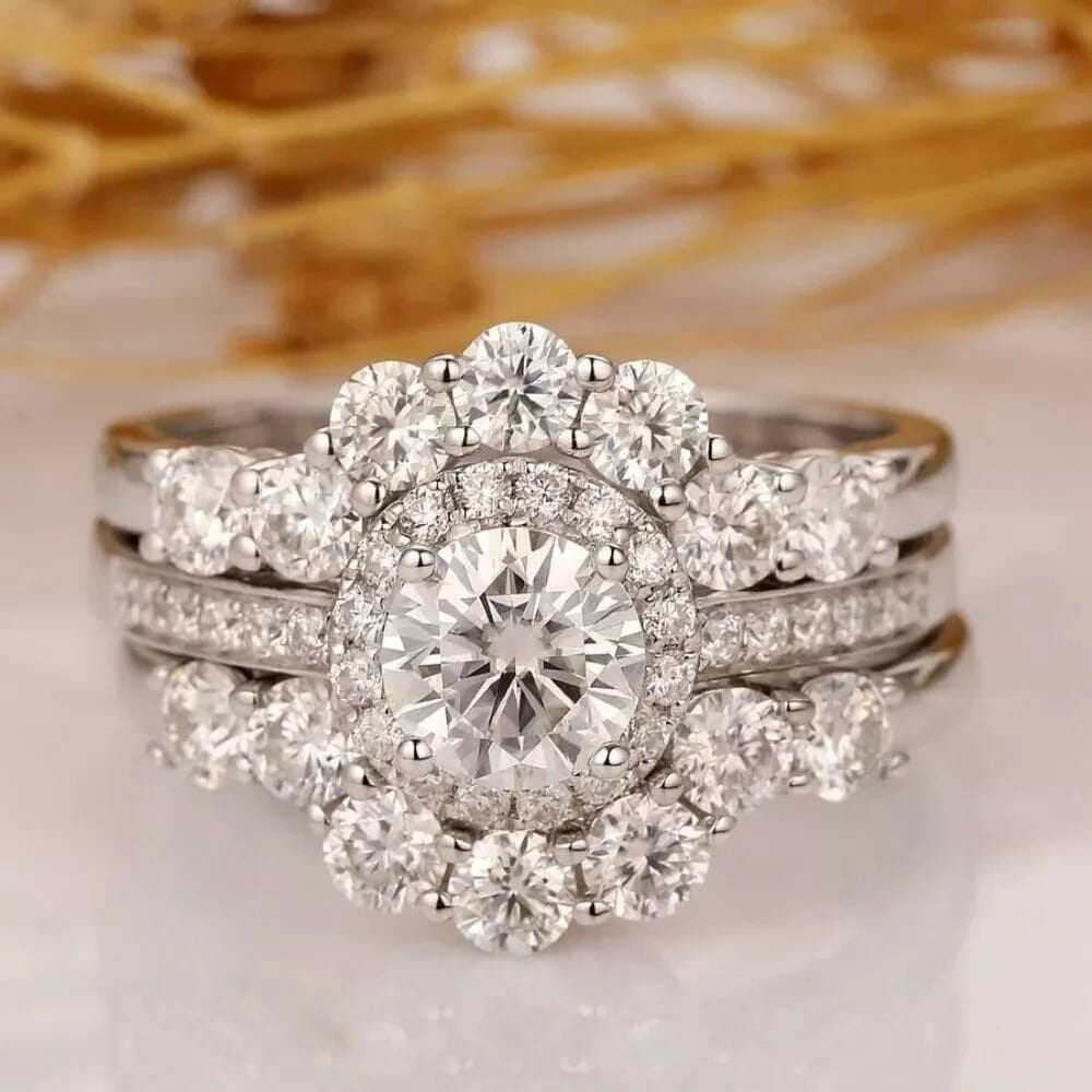 3.50 Ct Round Cut White Moissanite Trio Set Engagement Ring Solid 14K White Gold