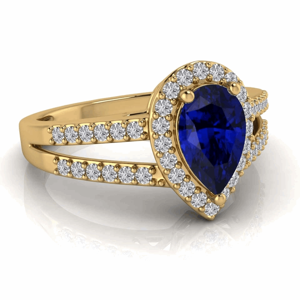 1.41Ct Pear Created Blue Sapphire & Moissanite Diamond Halo Engagement Ring White Yellow Rose Gold