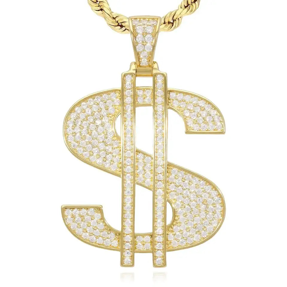 Iced Out Dollar Sign Name Pendant Moissanite Diamond Hip Hop Necklace in White Yellow Rose Gold