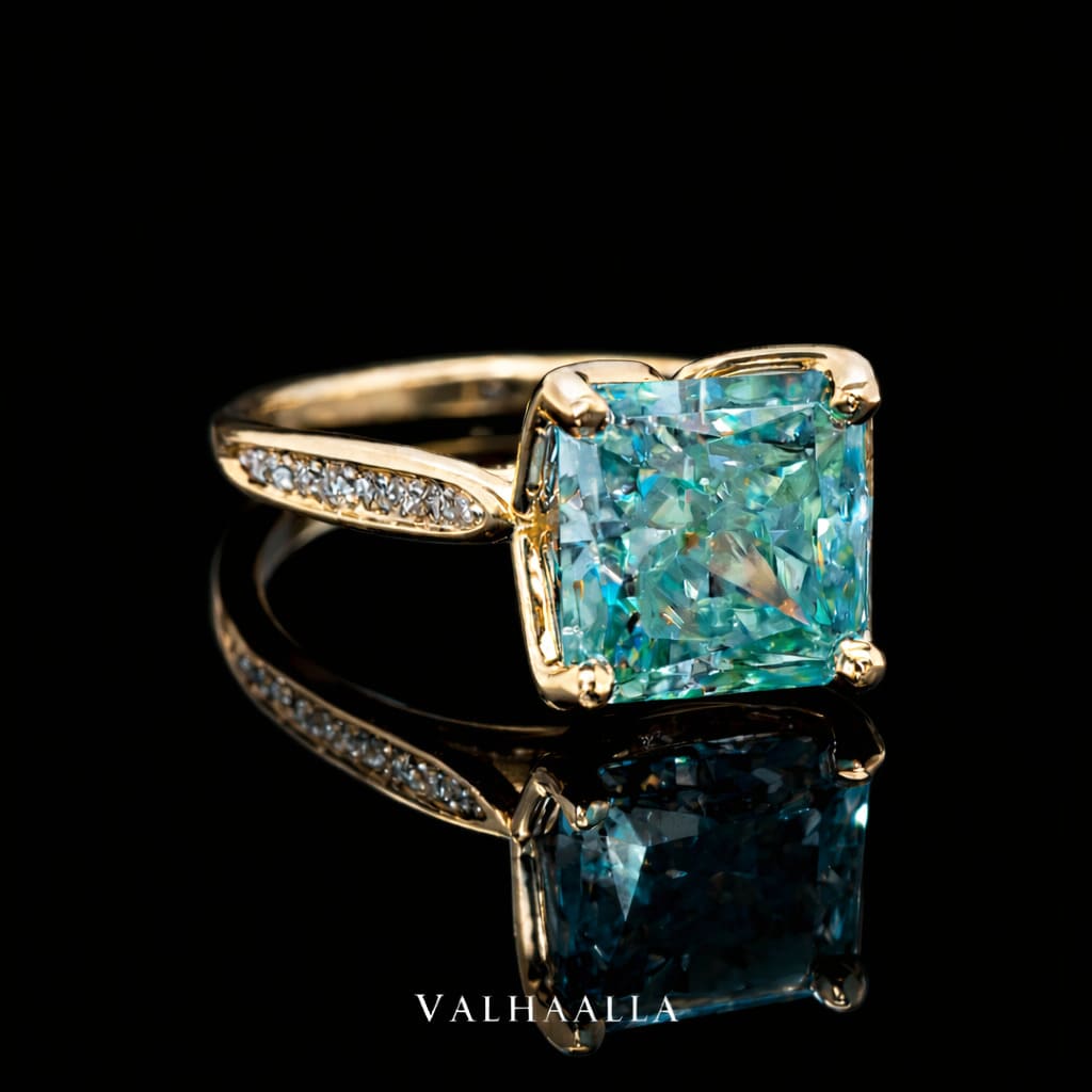2.35Ct Cushion Cut Cyan Green Moissanite Gold Engagement Ring