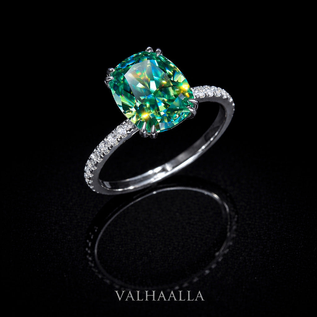 3.85Ct Vivid Green Cushion Moissanite Engagement Ring Solid Gold